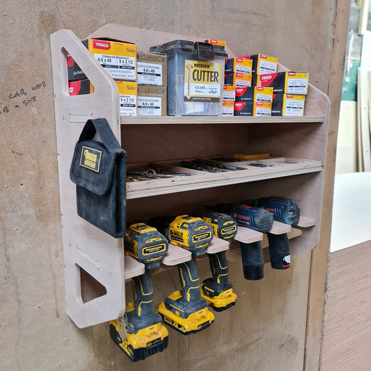 5-Tier Power Tool Rack with Sliding Drill Bit Storage - Wall Mount