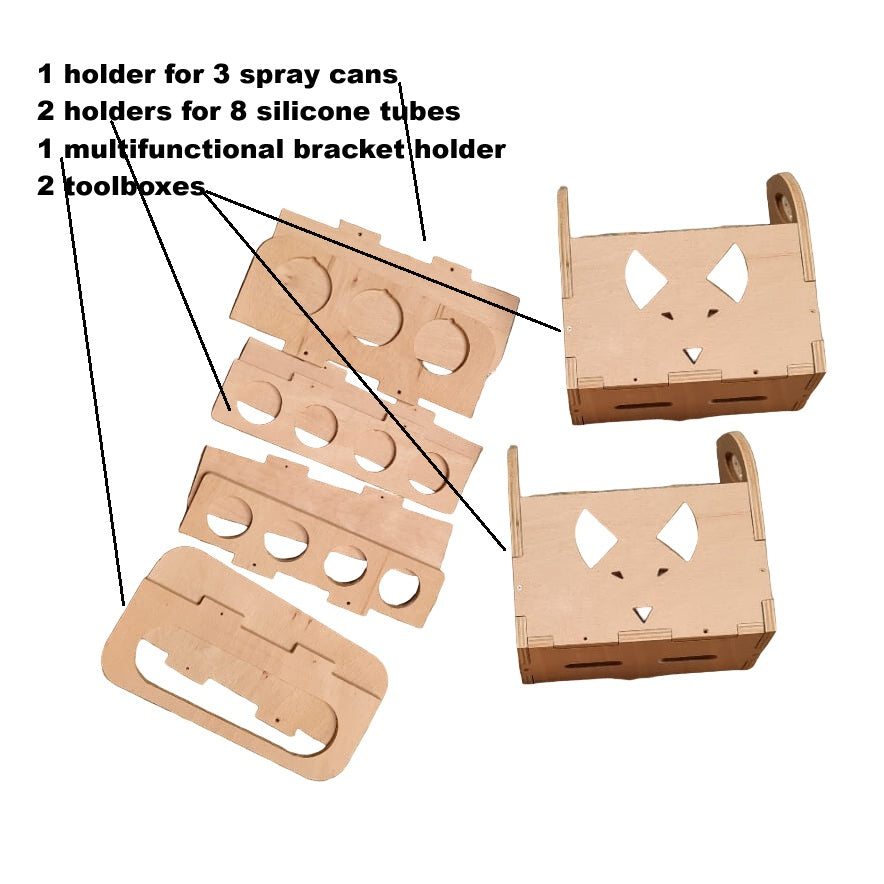 Plywood storage boxes with cutouts for spray cans, silicone tubes, and toolboxes on a white background.