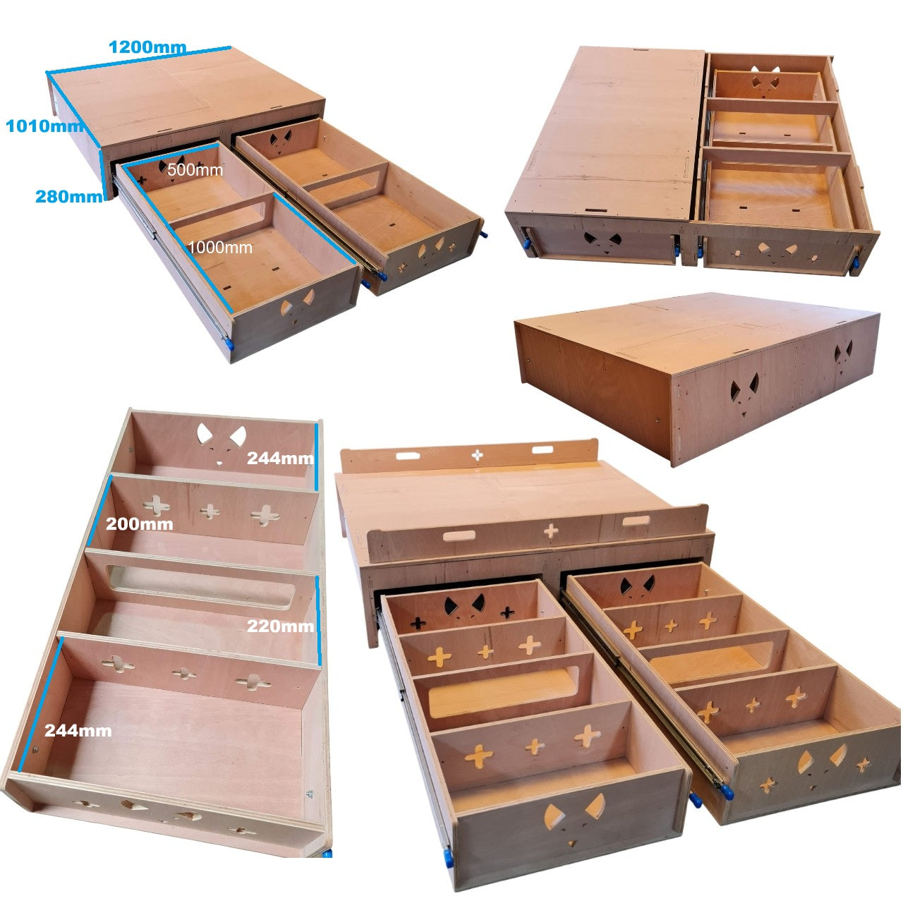 Cardboard drawers with measurements on a white background