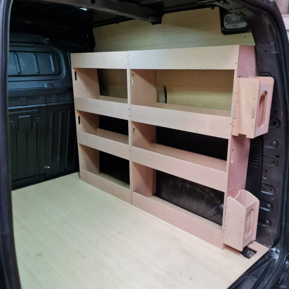 Wooden storage rack inside a vehicle