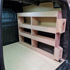 Wooden storage rack inside a vehicle