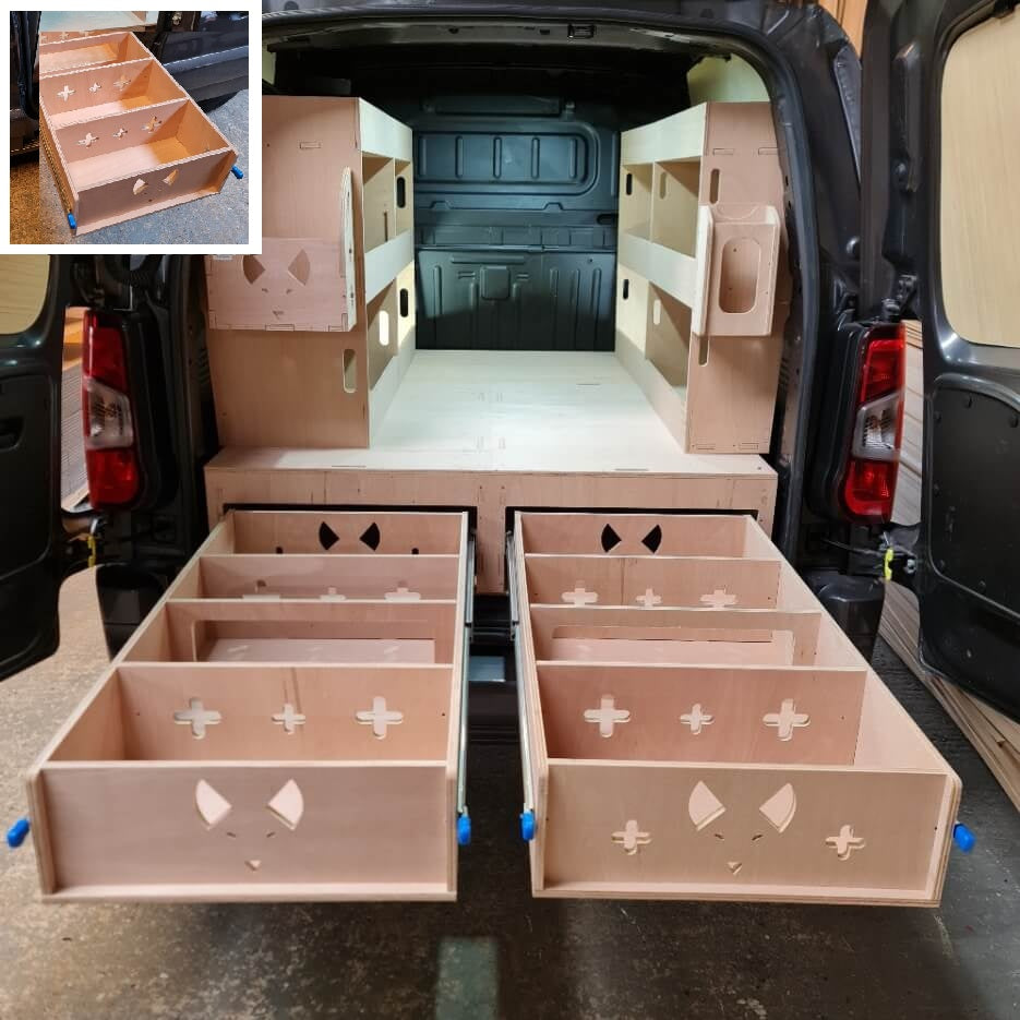 Wooden storage drawers being assembled inside a Citroen Berlingo