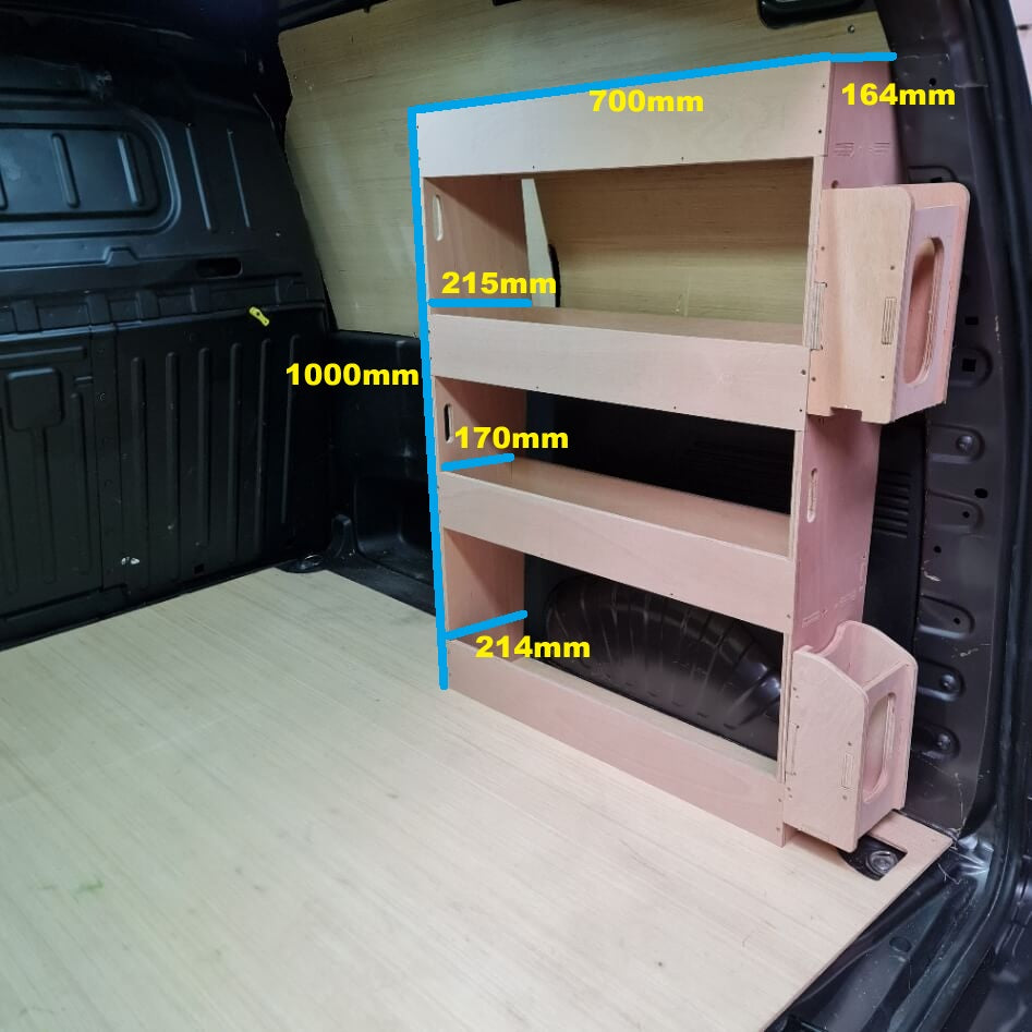 Wooden shelf with measurements inside a vehicle, showing dimensions in millimeters.