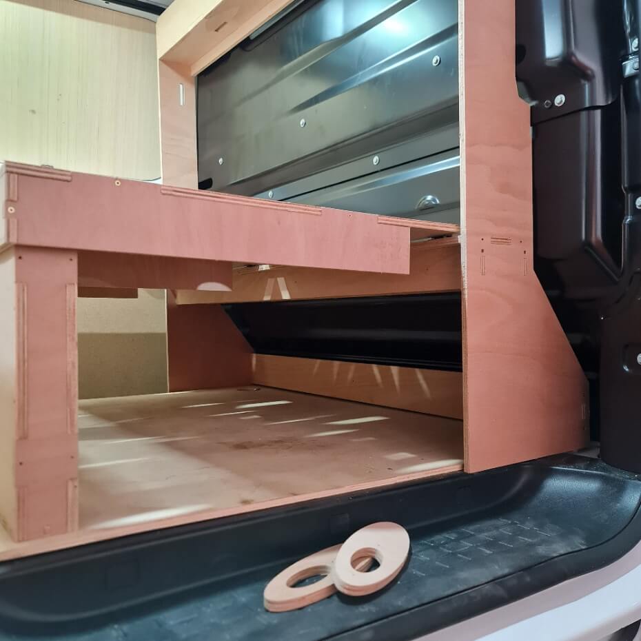 Recessed slot for Easy Lock shelf mechanism – underside of false floor