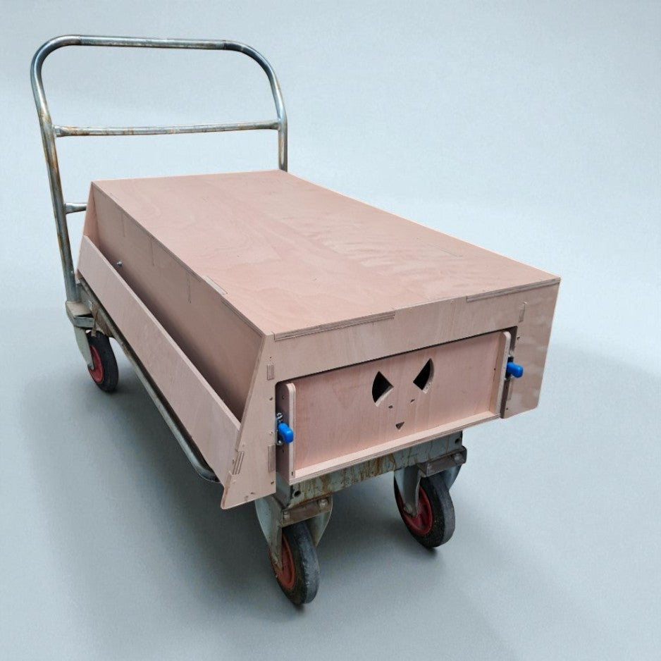 Cart with a wooden box on a light gray background
