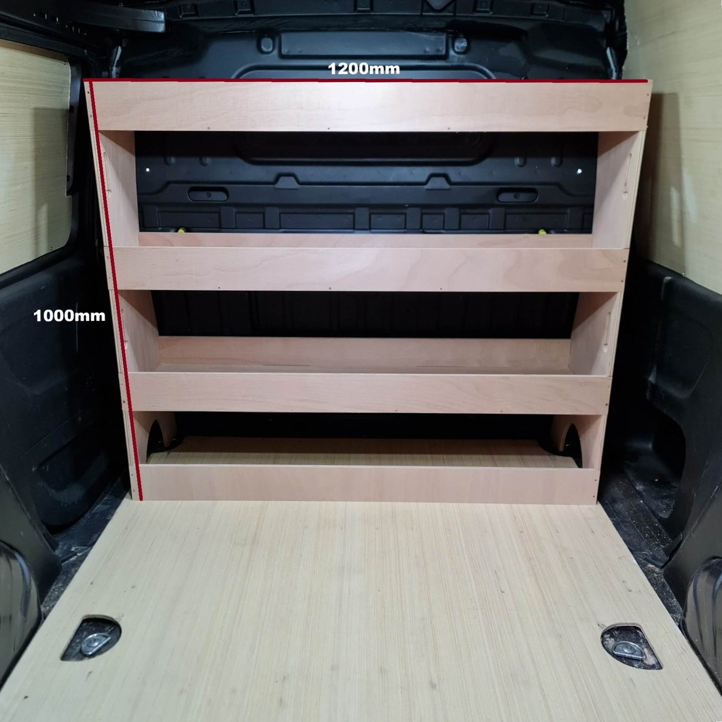 Wooden storage shelves inside a Fiat Doblo with measurements indicated.