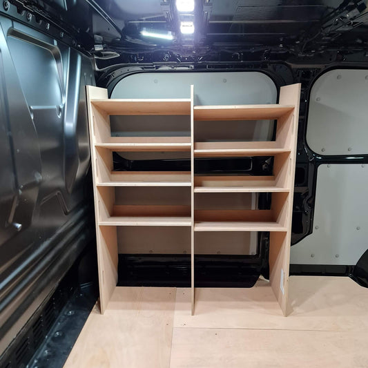 Plywood van racking solution for Ford Custom, ideal for trade professionals needing compact storage