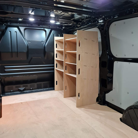 Ford Custom 2023+ shelving unit with durable wooden racks for organizing tools and drill boxes