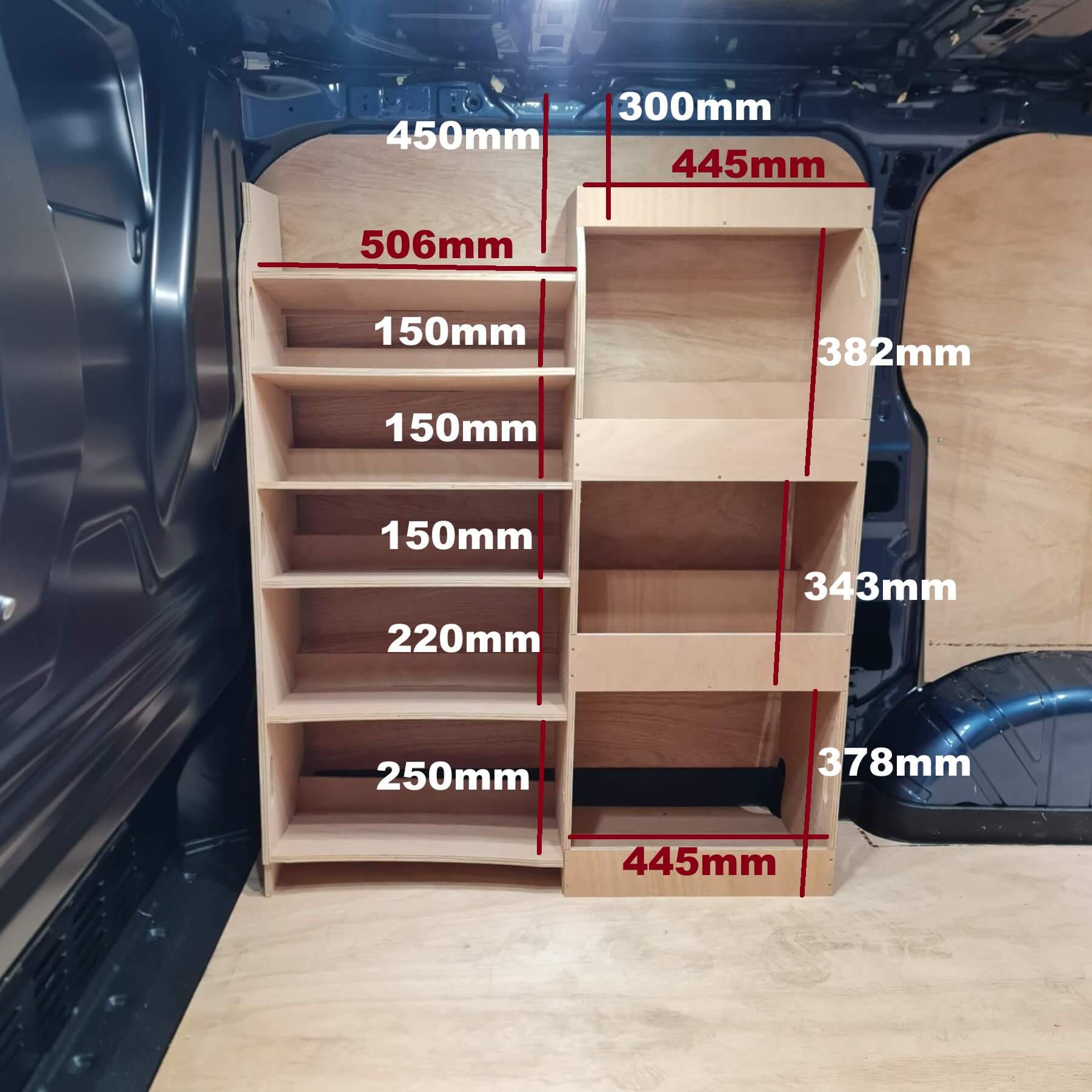 Ford Custom 2023+ shelving unit with durable wooden racks for organizing tools and drill boxes