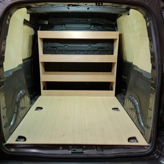 Wooden storage shelves and platform inside a Toyota ProAce City