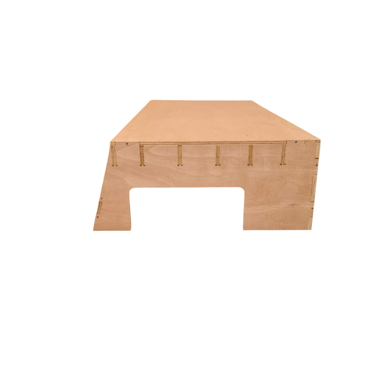 Wooden playhouse with a flat roof on a white background