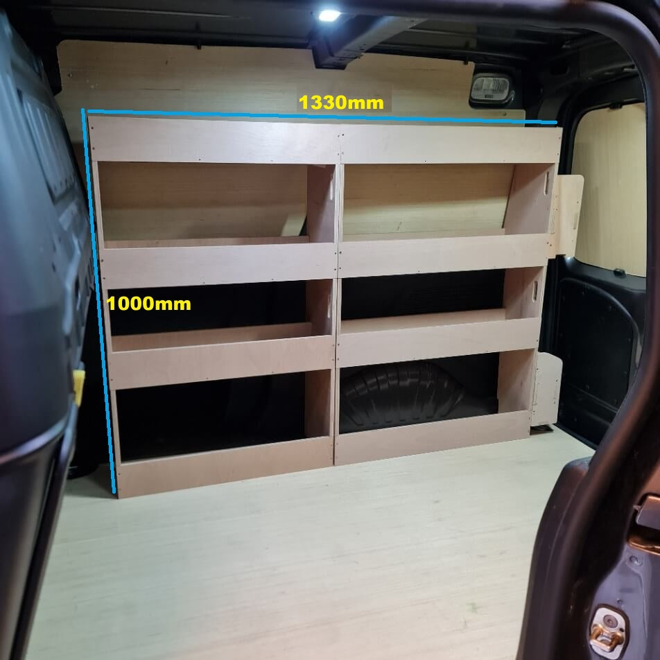 Wooden storage shelves inside a vehicle with measurements indicated.