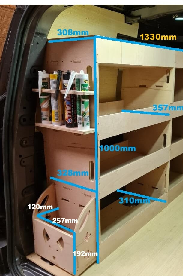 Measurement details of a compact storage system inside a vehicle.
