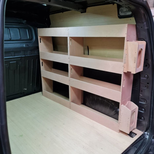 Wooden storage rack inside a vehicle