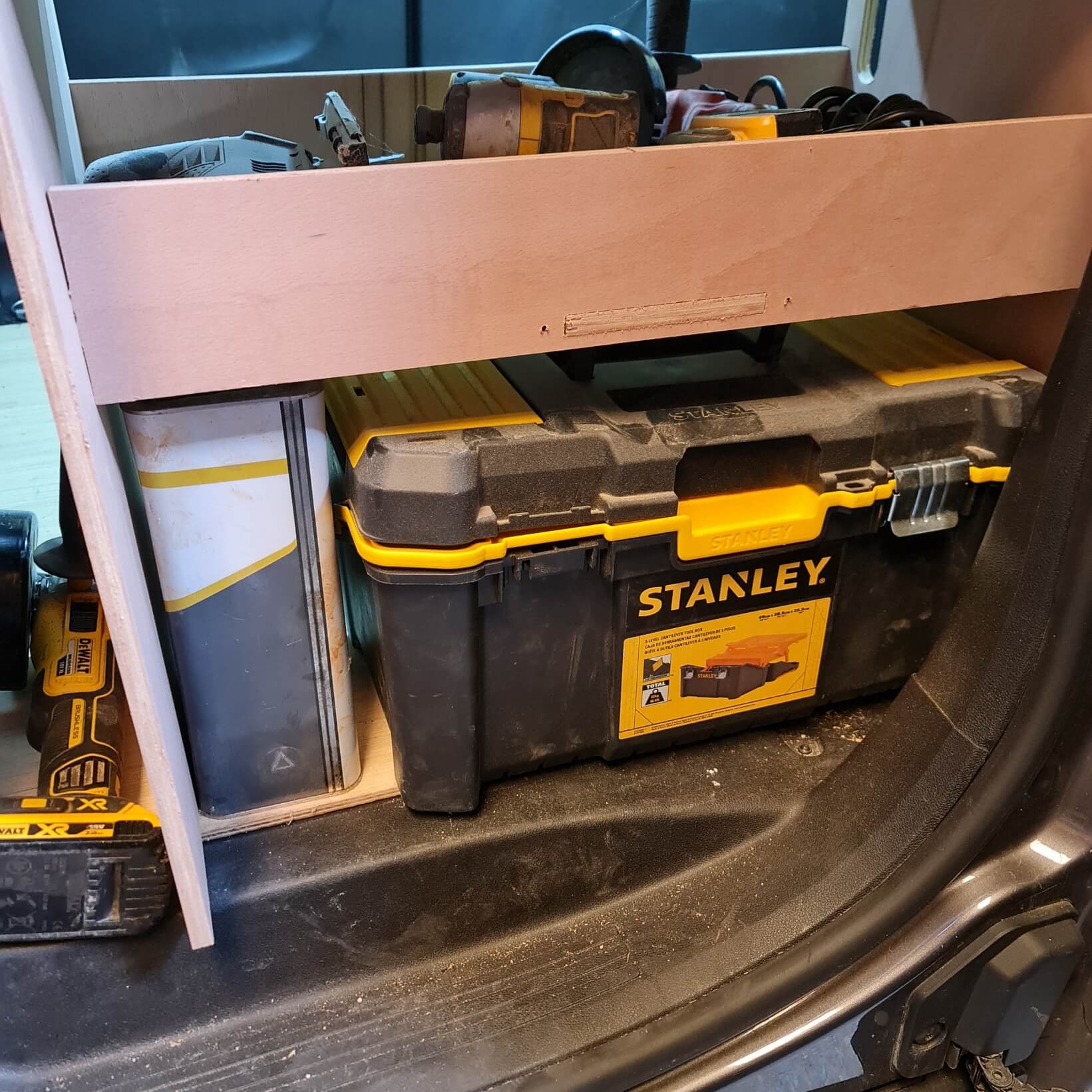 Stanley toolbox inside a vehicle's storage compartment