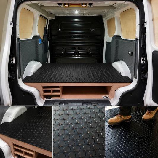 Van interior with black floor mat and additional views of the mat.