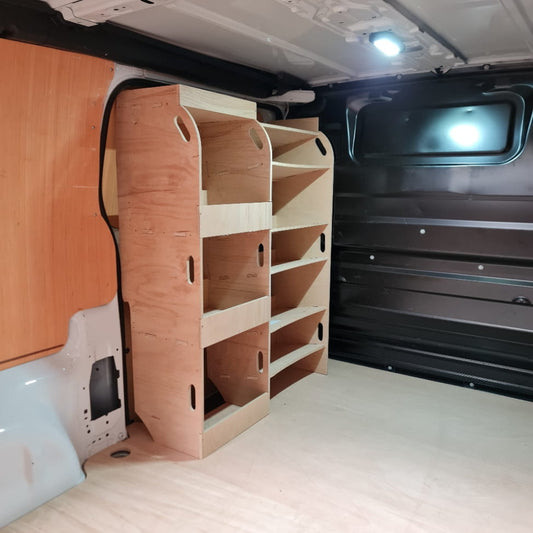 Toyota Proace van racking shelves with tool and drill storage made from 12mm plywood