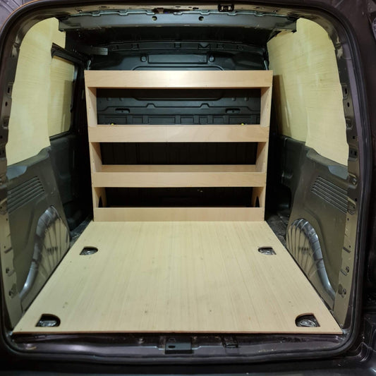 Wooden storage shelves in the back of a vehicle