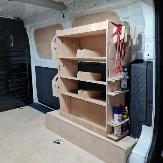 Kia PV5 racking system on raised floor with storage accessories