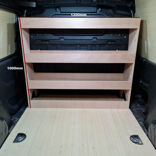 Wooden storage shelves inside a Fiat Doblo with measurements indicated.