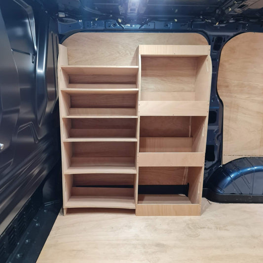 Custom-fit Ford Custom van storage shelves for toolboxes and equipment, made from 12mm plywood