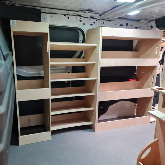 Wooden shelves inside a ID BUZZ van setup