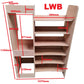 Wooden shelf unit with detailed measurements marked on it.