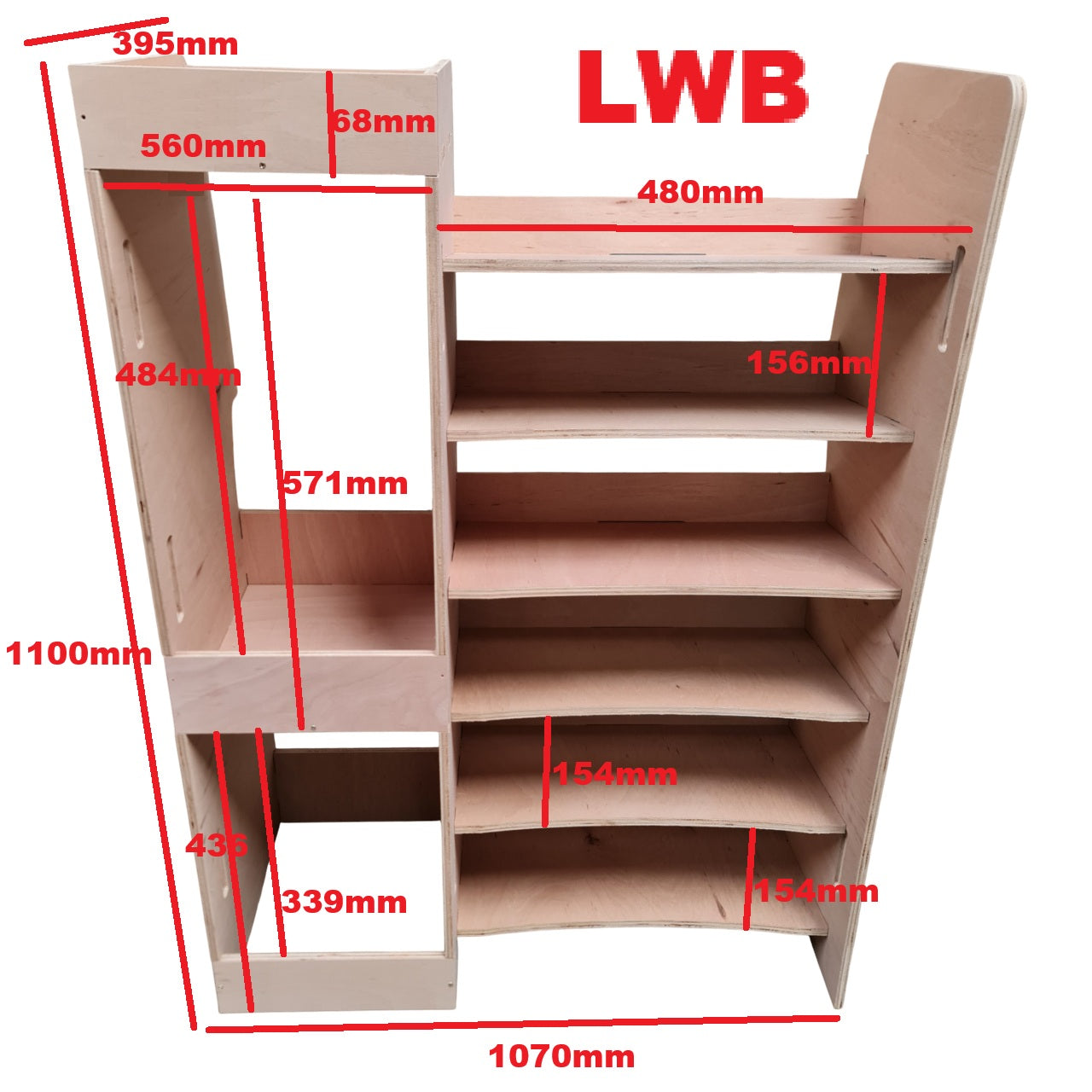 Wooden shelf unit with detailed measurements marked on it.