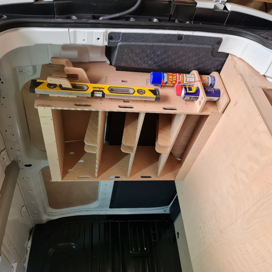 Kia PV5 van racking with organised toolboxes and spray holders