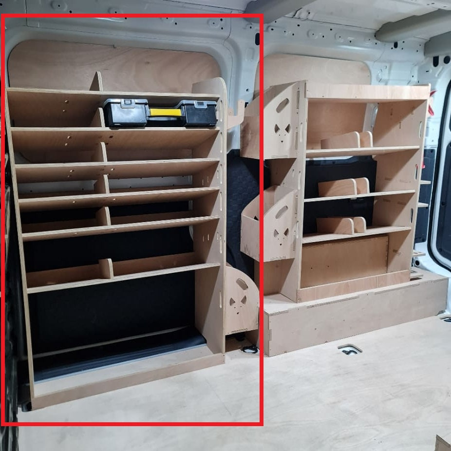 Wooden storage shelves being installed inside a vehicle Kia PV5