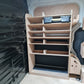 Wooden racking organizer inside a vehicle Kia PV5 trunk