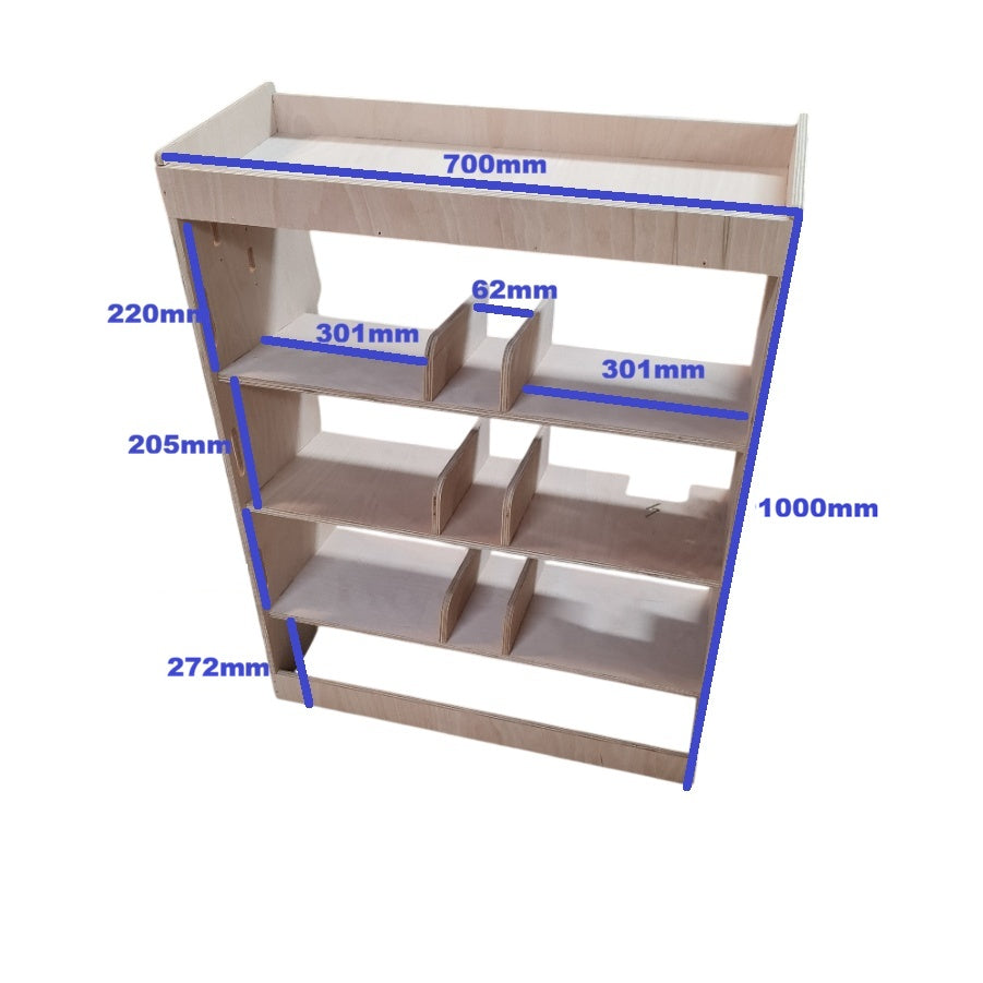 Wooden shelf with measurements marked on a PV5 Kia Van