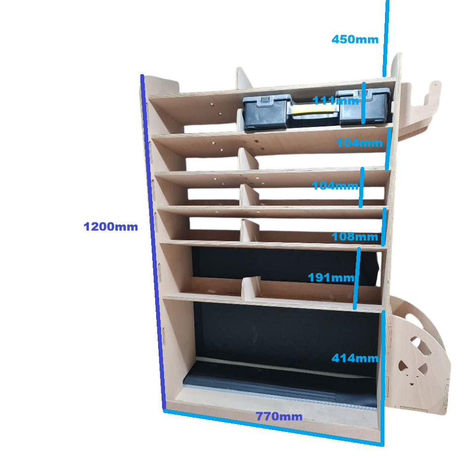 Racking with dimensions labeled on a Kia PV5