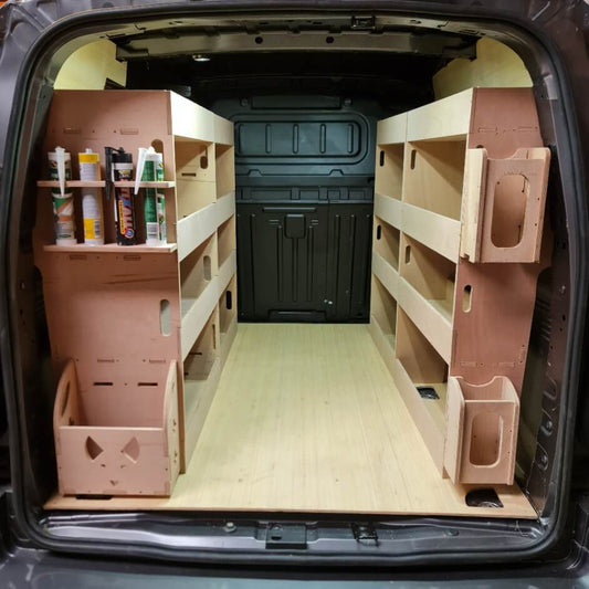Car trunk with wooden shelves and storage compartments