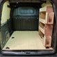 Van interior with wooden floor and shelves