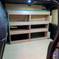 Wooden storage shelves inside a vehicle with measurements indicated.