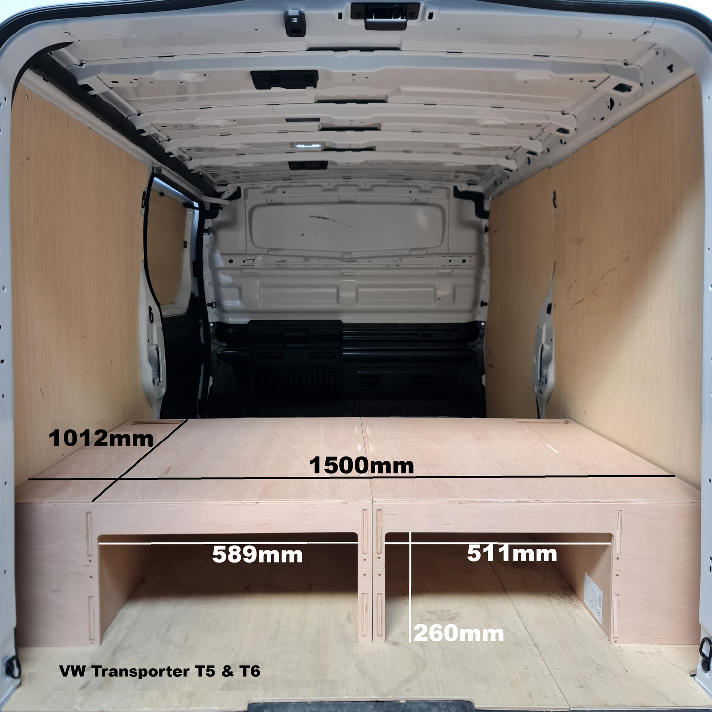 VW Transporter T5/T6 Raised Floor & Shelving – Compact Racking with 4 Tube Holder
