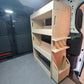 Wooden storage shelves inside a vehicle VW id Buzz