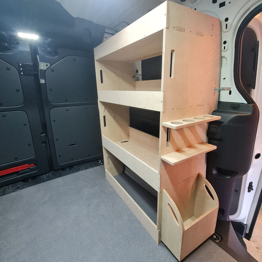 Wooden storage shelves inside a vehicle VW id Buzz