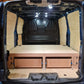 Van interior with wooden floor and storage compartments