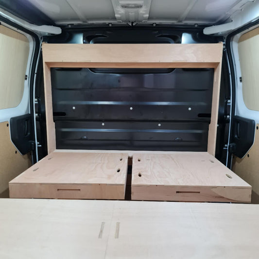 Modular van racking system with foldable shelf and bulkhead side shelving