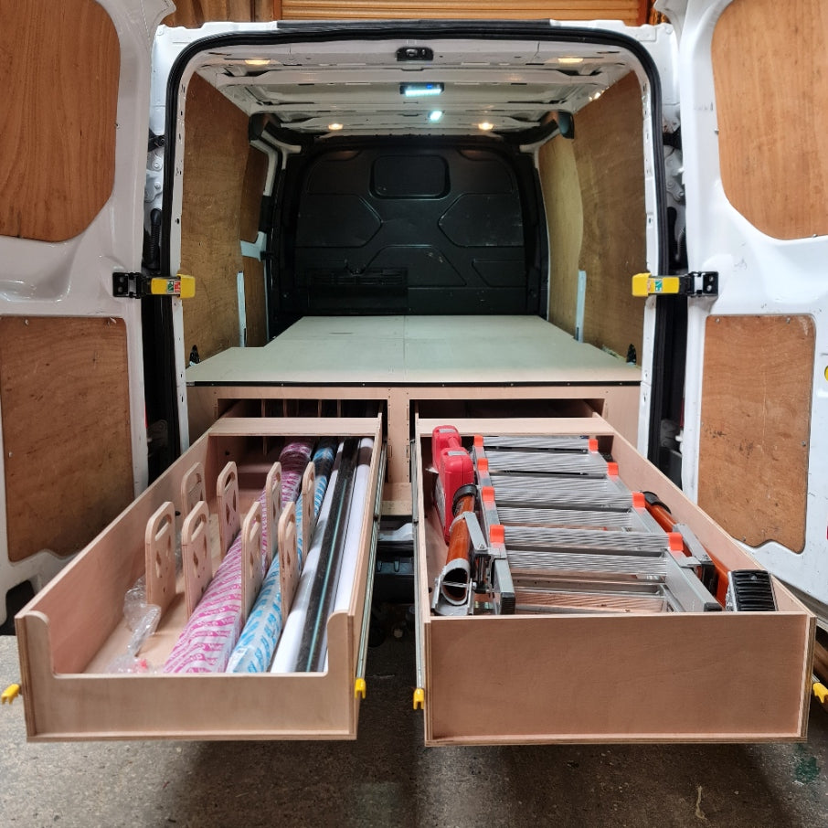 Ford Custom van storage false floor with pull-out drawer