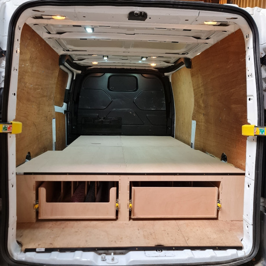 Ford Custom 2012+ LWB false floor system with heavy-duty drawers installed in van