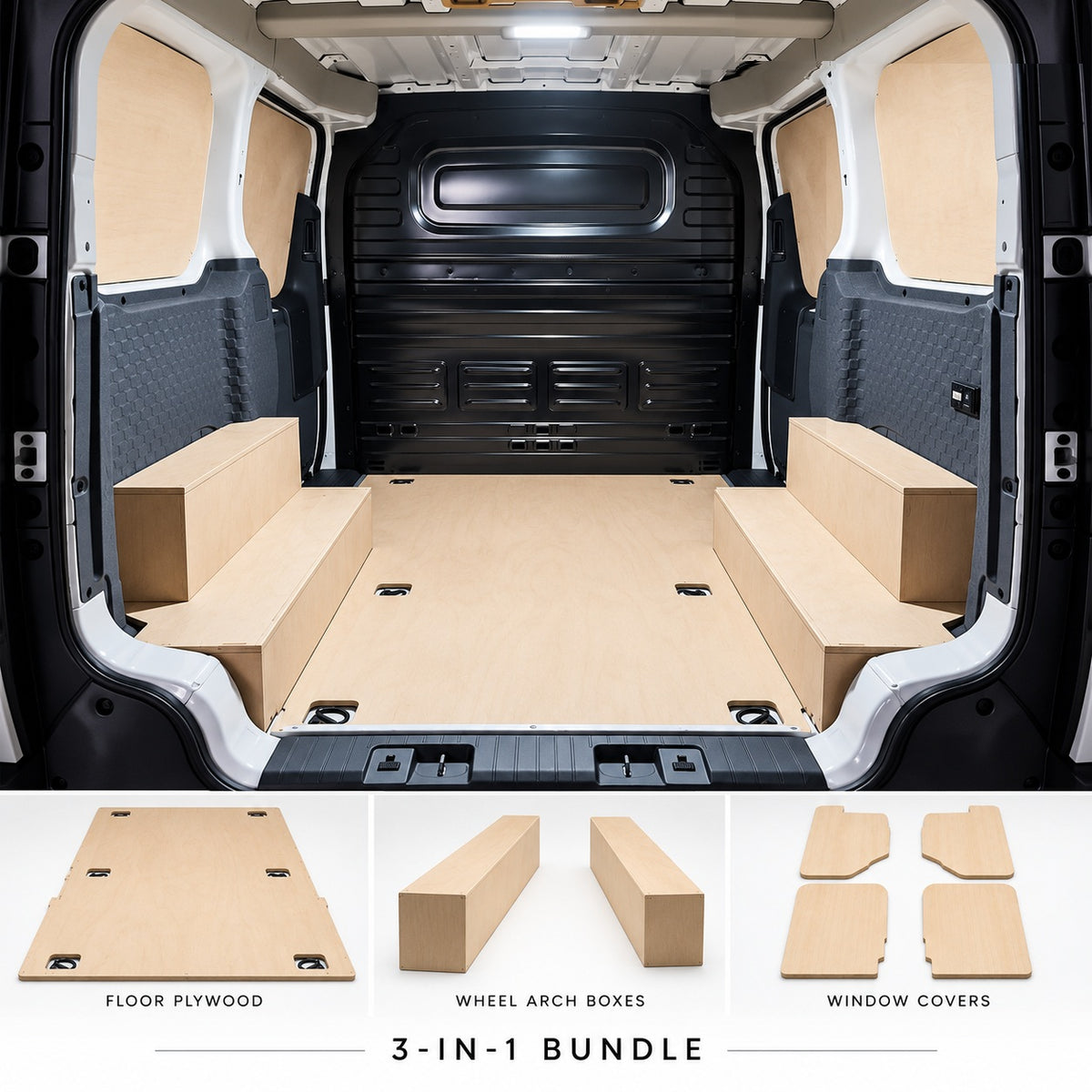 Kia PV5 ply lining bundle with plywood floor, wheel arch boxes and window covers installed