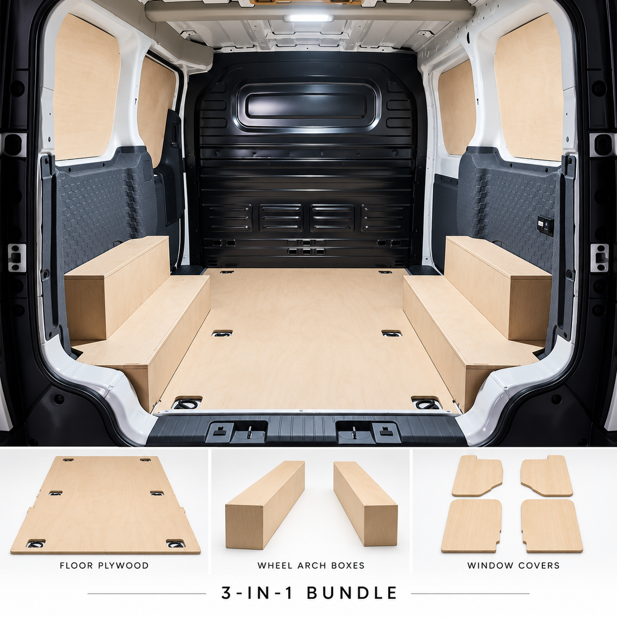 Kia PV5 interior with full plywood floor, twin wheel arch boxes and sliding door window covers