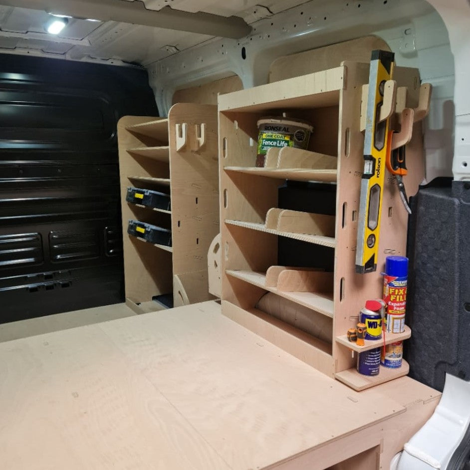 Custom Kia PV5 van racking with spray can and silicone tube holders