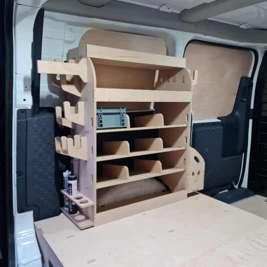 Custom Kia PV5 shelving unit with tool storage compartments
