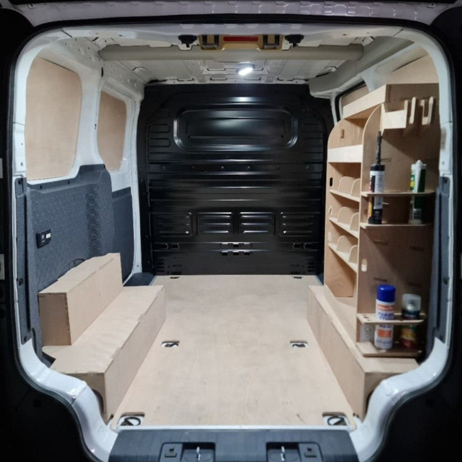 Custom Kia PV5 racking with storage boxes and holders. Durable, lightweight and easy to install