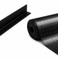 Black metal channel and roll of black rubber mat on a white background