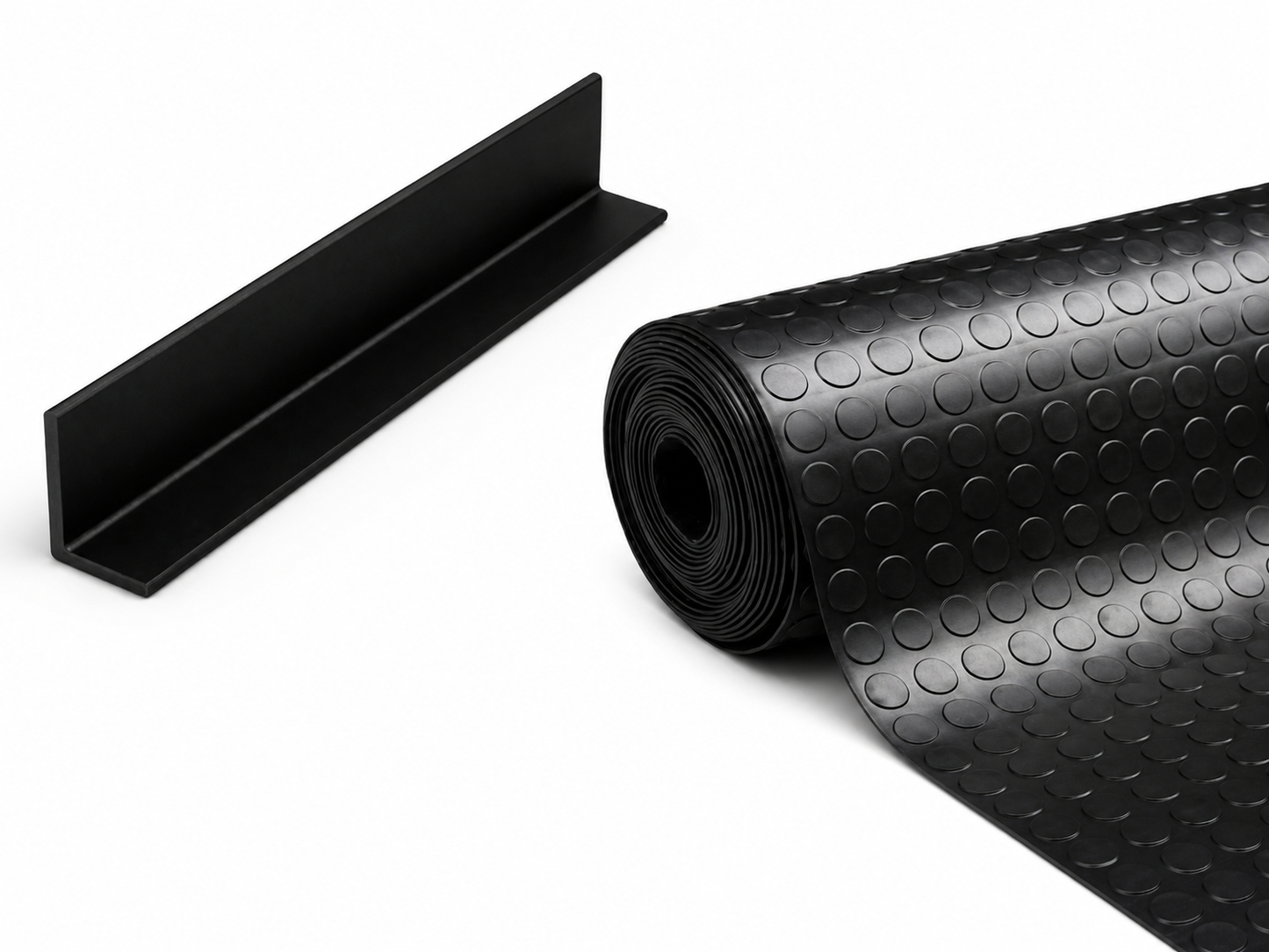 Black metal channel and roll of black rubber mat on a white background